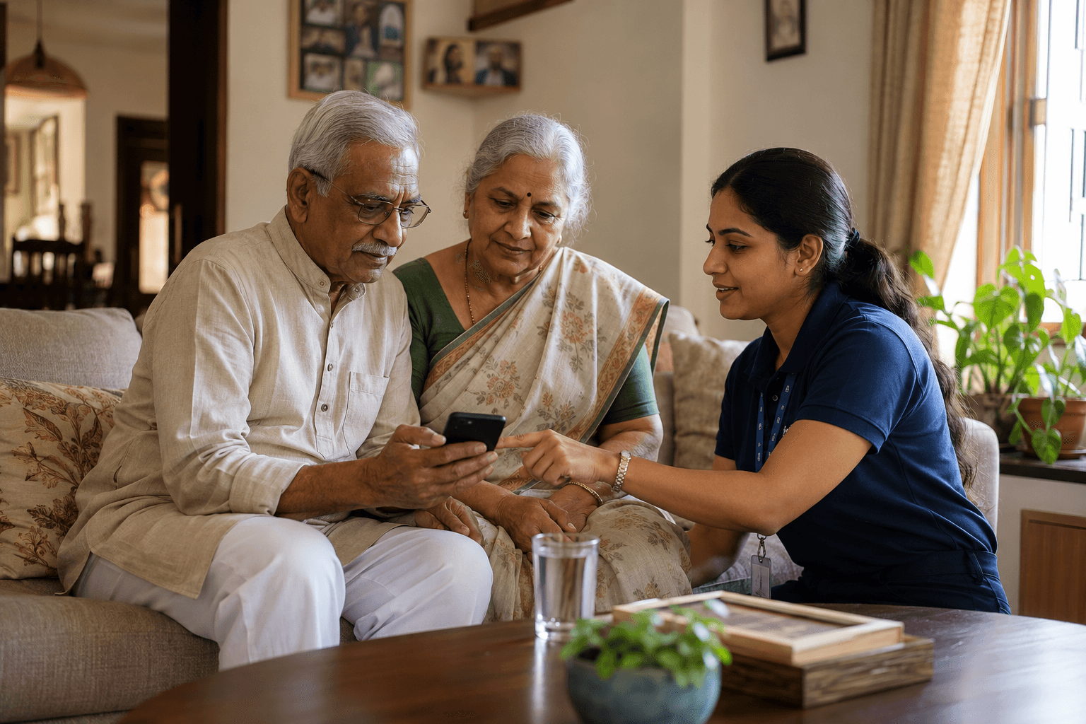 A Suraksha24 care manager visiting an elderly couple at home and showing them a care update